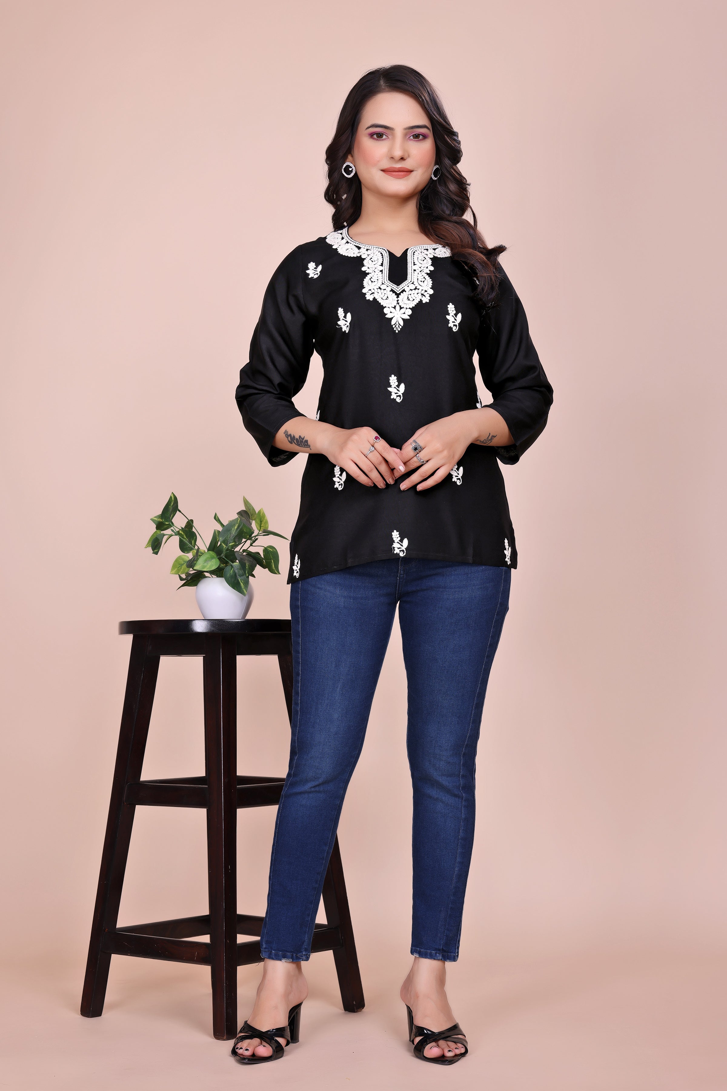Black Viscose Rayon Embroidered Tunic with 3/4 Sleeves